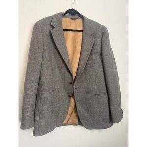 Bill Blass for PBM Vintage Gray Blue Tweed Blazer Leather Buttons Sport Coat